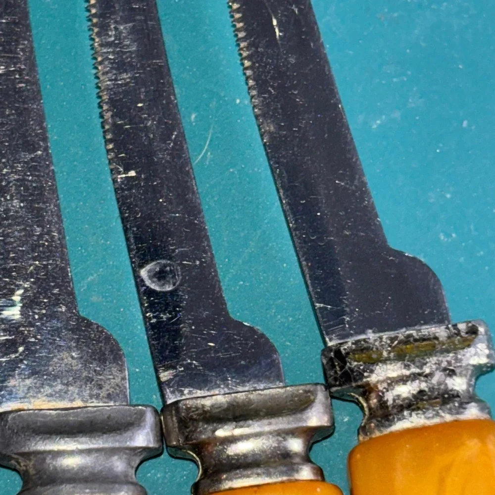 Vintage Henry's Stainless Steel Steak Knives Set Amber Bakelite Handles Set of 5